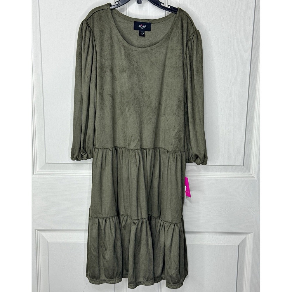 i.n. girl Girls 14 Olive Green Solid Tiered Dress Long Sleeve Suede Knit NWT